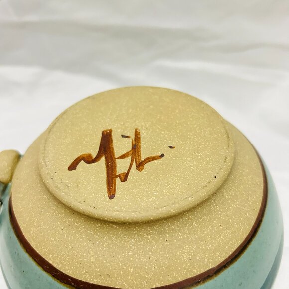Signed Art Pottery soup mug bowl Teal Blue green glaze Thumb Rest - Picture 11 of 15